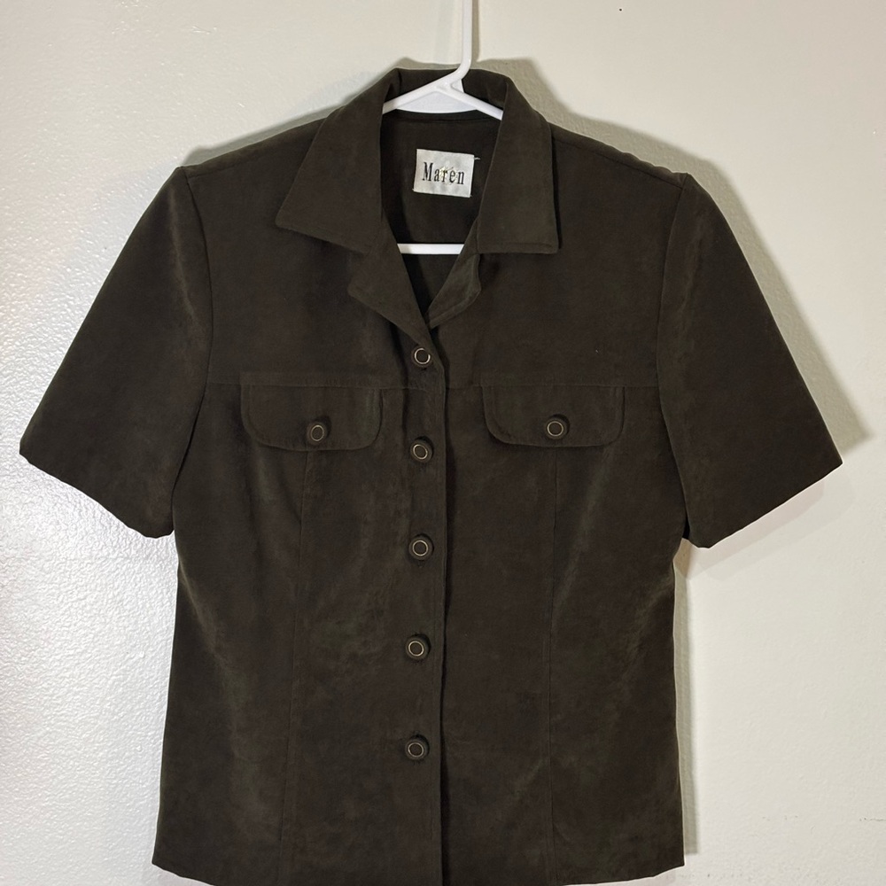 Maren Dark Olive Green Suede Button-Front Short Sleeve Jacket